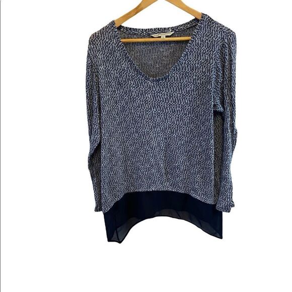CLEO Petites Blue Salt&Pepper Knit V Neck Long Sleeve Chiffon Bottom Sweater L - Picture 1 of 8